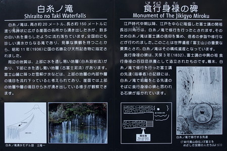 白糸の滝と食行身禄の碑の説明板